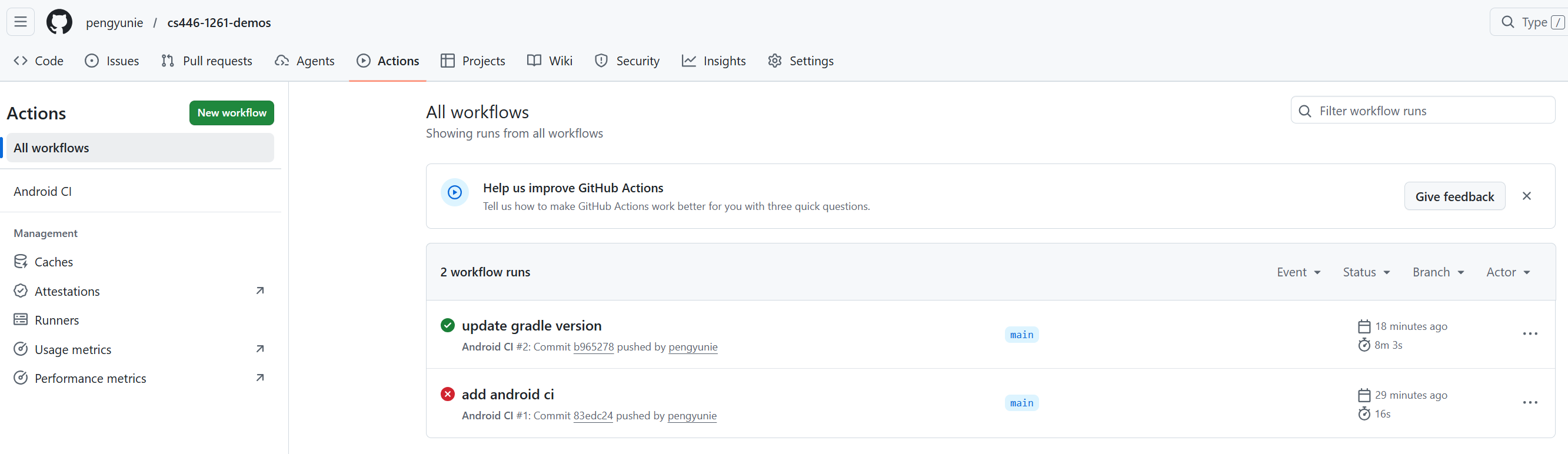 CI run in GitHub Actions