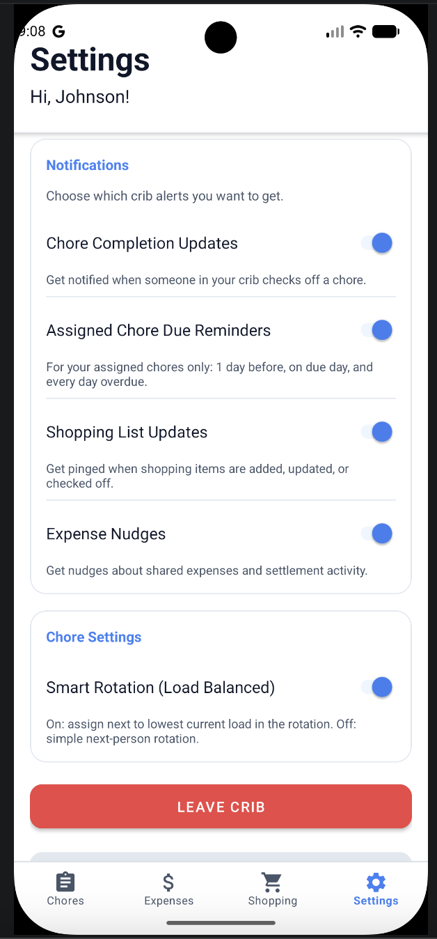 Settings notifications and chore preferences